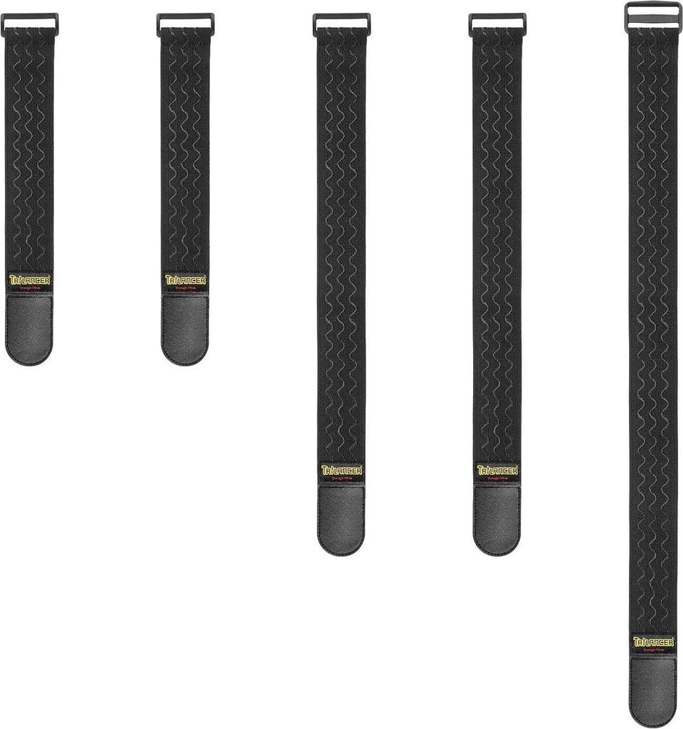 Five black straps of varying lengths are laid out vertically against a white background.