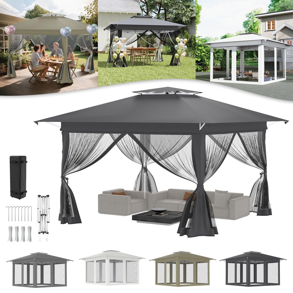 LARS360 Silber 4x4 m Pop-Up Party Pavillon, Schnellaufbau mit Ein-Knopf, Faltpavillon, Doppeldach & Lüftung, Moskitonetz, wasserdicht & UV-Schutz,...