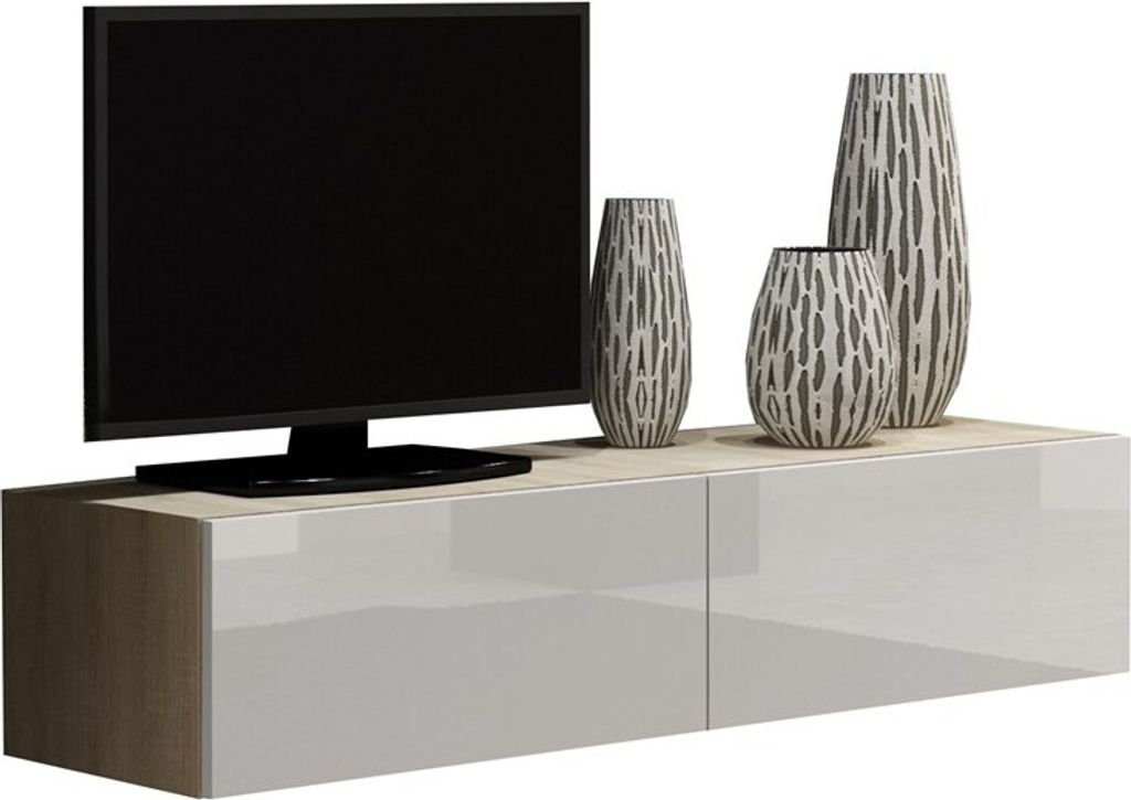 Furniture24 Tv Schrank Vigo 140 cm Länge, Hängeschrank, Wandschrank, Fernsehentisch mit 2 Klapptüren, Lowboard, Grifflose Öffnen, "Push to open...