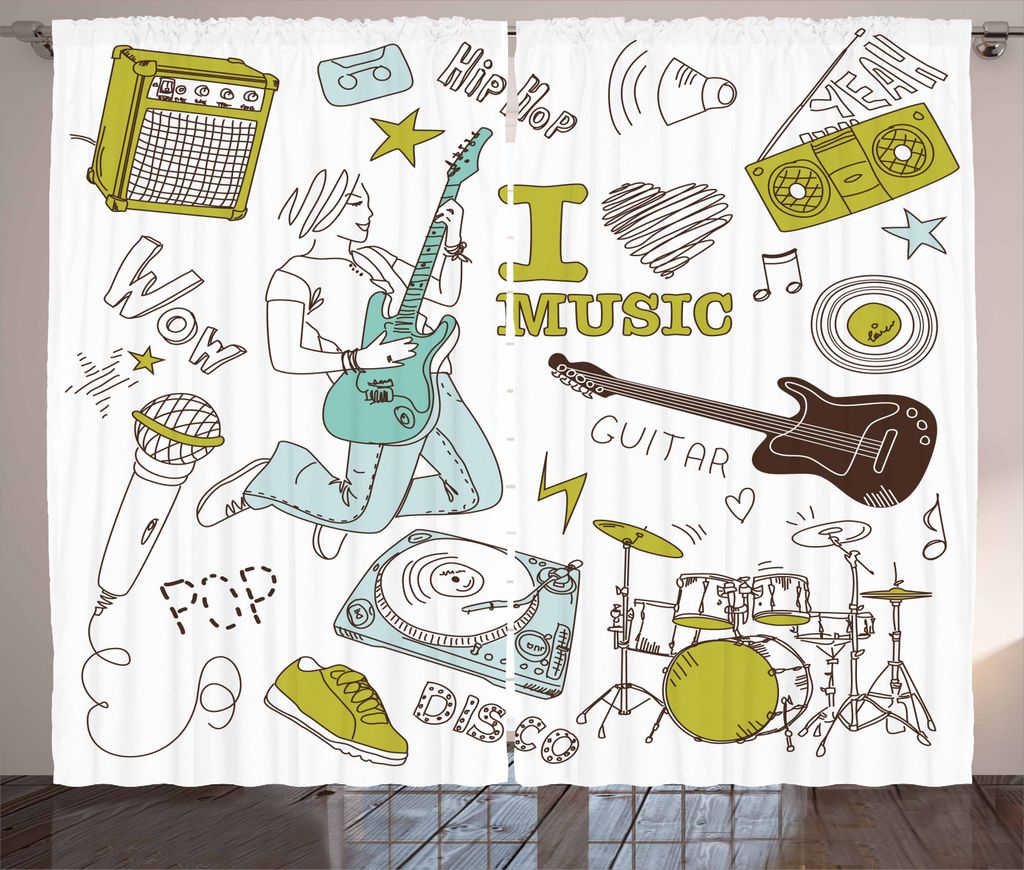 ABAKUHAUS Popstar-Party Rustikaler Gardine, Love Music Sketch, Schlafzimmer Kräuselband Vorhang mit Schlaufen und Haken, 280 x 245 cm, Khaki Pale ...