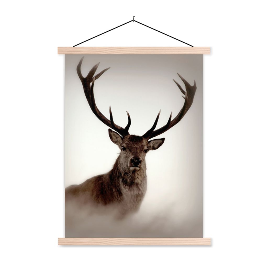 MuchoWow Textilposter Porträt - Hirsch - Geweih 60x80 cm mit holzfarbenen Rahmen - Wandbild