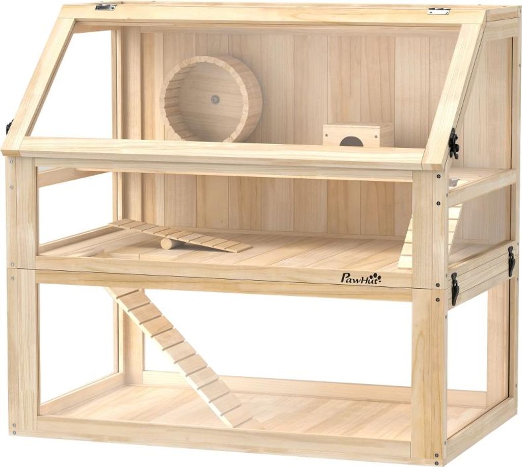 Fortuna Lai Hamsterkäfig aus Holz 3 Etagen Nagarium Nagerkäfig mit klappbarem Deckel Laufrad 80 x 50 x 76 cm Naturholz