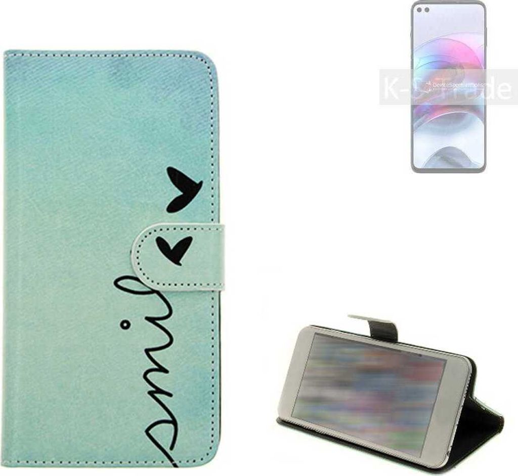 K-S-Trade Schutz Hülle Handy Hülle kompatibel mit Motorola Edge S Hülle Handyhülle cover bookstyle Etui Handyhülle ''smile'' türkis
