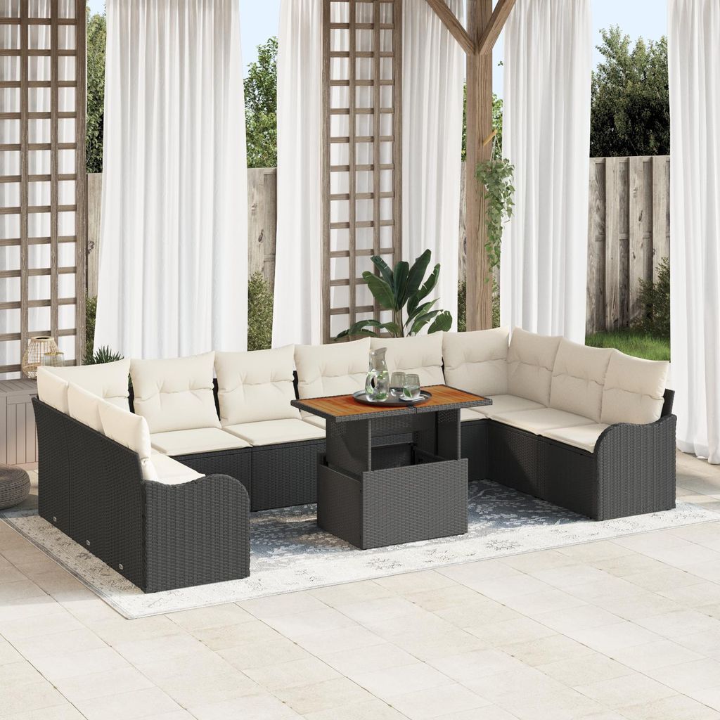 Möbel Gartenlounge Set 11-teiliges Garten-Sofaset mit Kissen Schwarz Poly-Rattan - Terassenmöbel Gartenmöbel Neu9824824