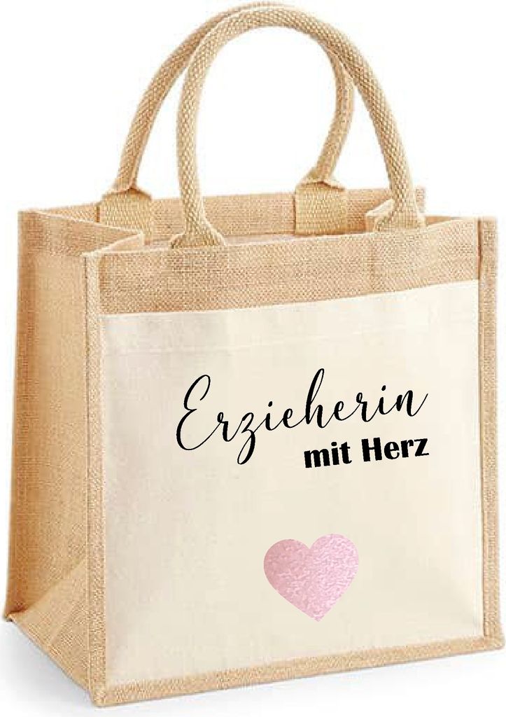Jute Tasche Erzieherin mit Herz bedruckt, Jutetasche M Produktbild 