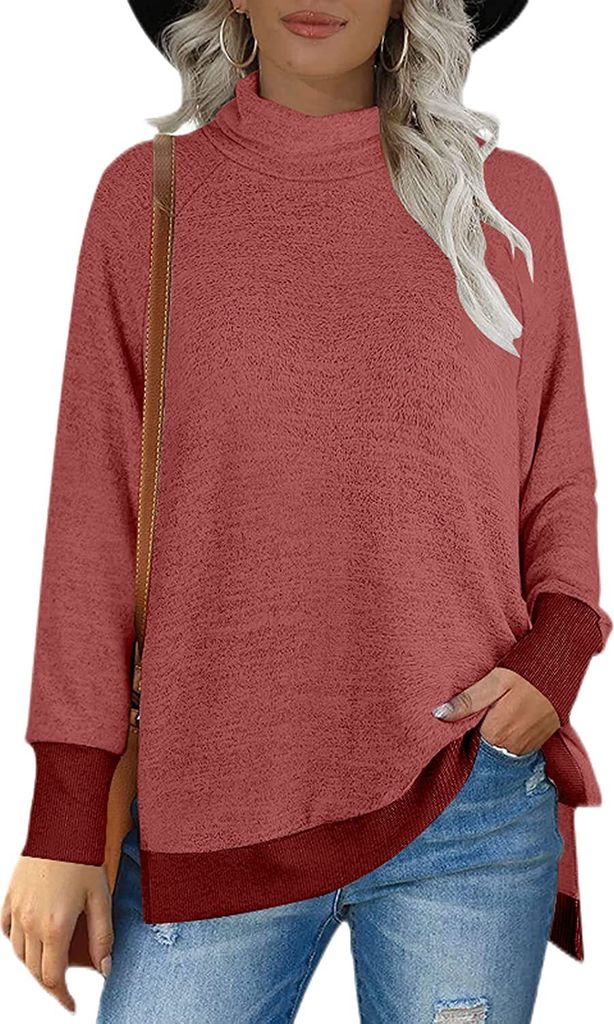 ASKSA Damen Rollkragen Sweatshirts Color Block Seitenschlitz Bluse Lässige Winter Langarmshirt, Rot, XL