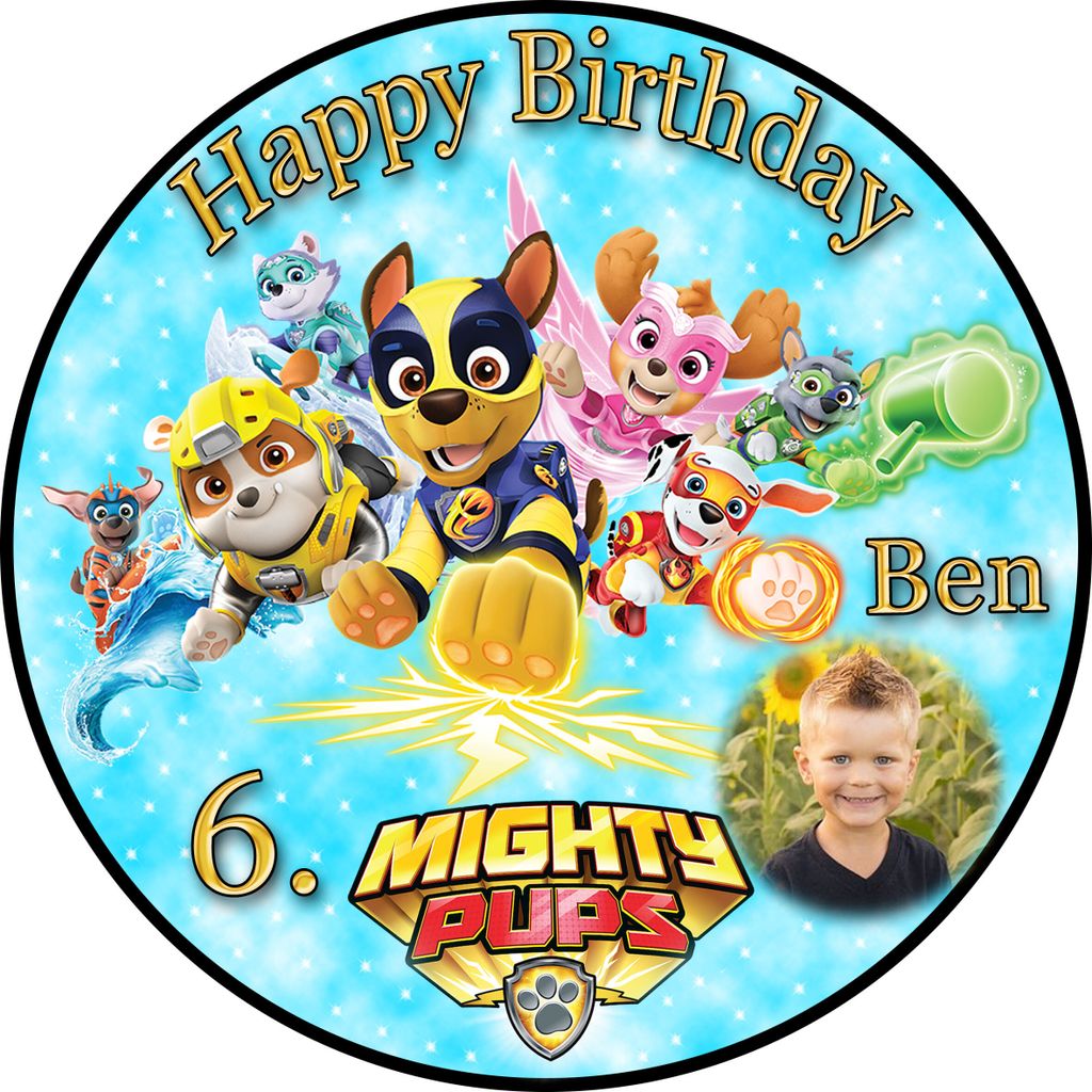 Tortenaufleger Fototorte Tortenbild Kindergeburtstag Paw Patrol Mighty Pups PP04 (Zuckerpapier) Rund 14 cm Ø mit Foto Türkis