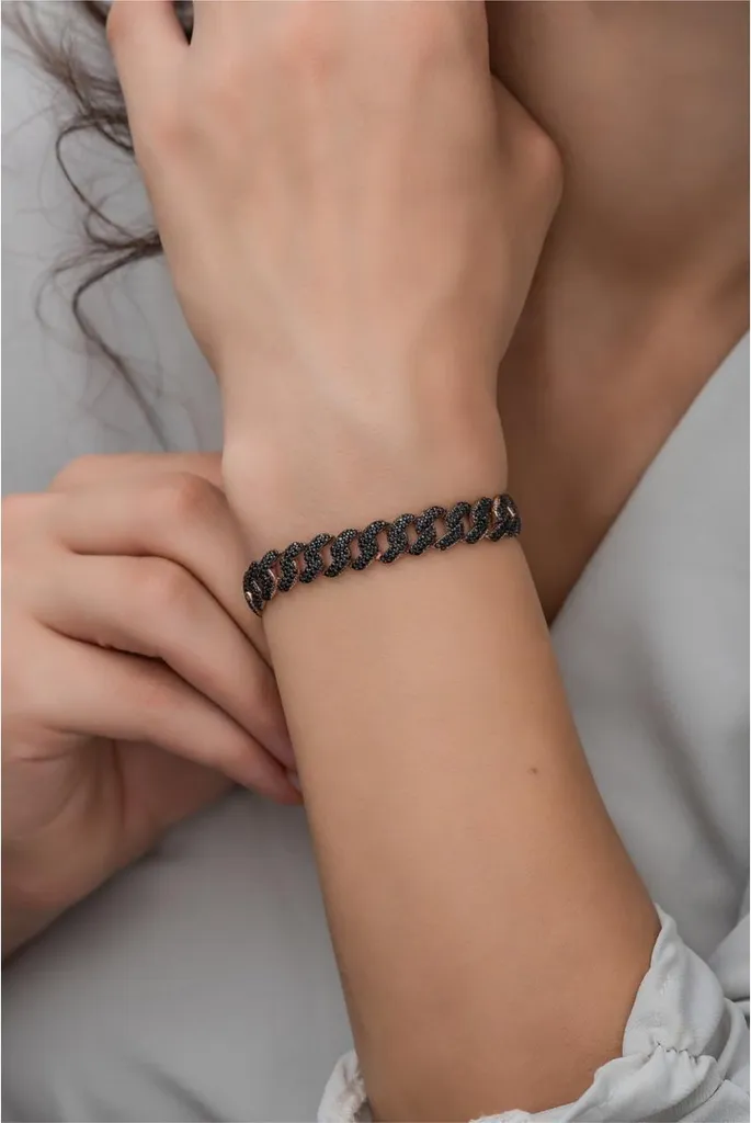 Bracelet bicolore argent et or rose avec zircone noire pour femme chic