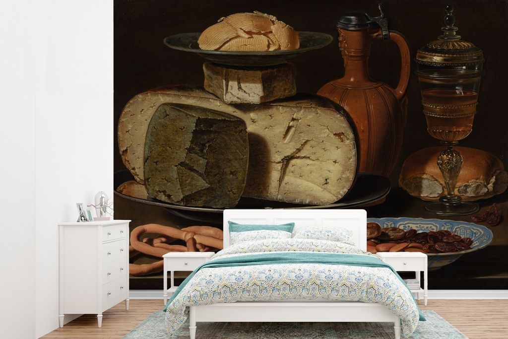 MuchoWow Fototapete für Wohnzimmer oder Schlafzimmer Wandtapete Vinyl Motivtapete Stilleben mit Käse, Mandeln und Brezeln - Gemälde von Clara ...