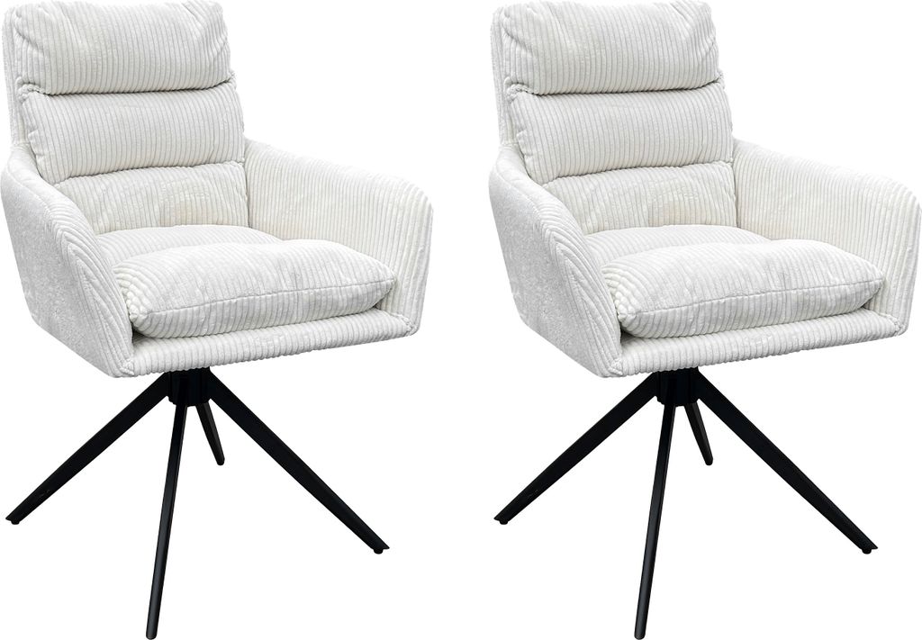 byLIVING Esszimmerstuhl 2er Set PURA / Grob-Cord off white / Gestell Metall schwarz matt / Sitzschale 360° drehbar / B 58, H 74, T 60 cm