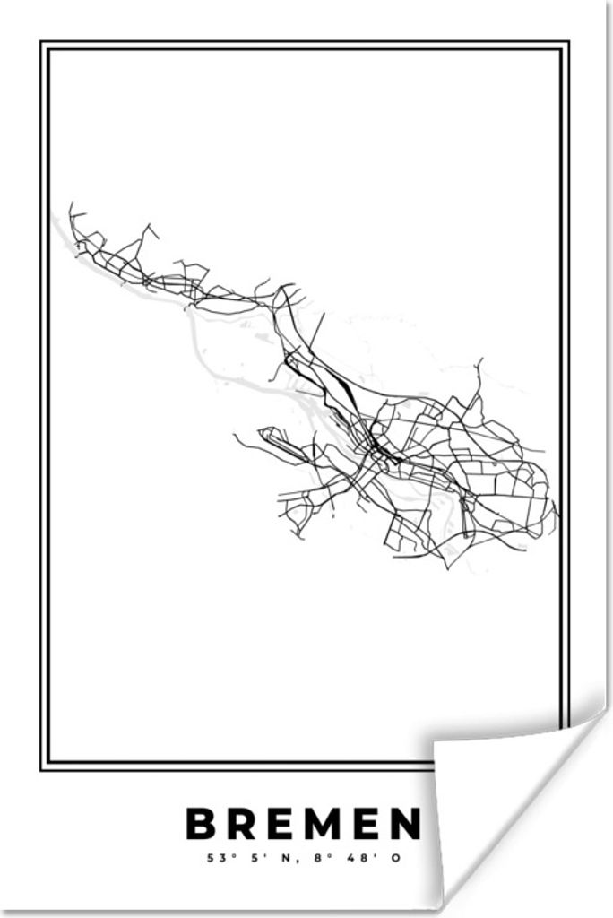 MuchoWow Poster Karte - Stadtplan - Bremen - Deutschland - Schwarz und weiß 120x180 cm - Kunstposter