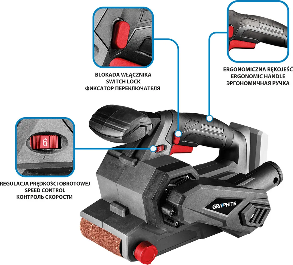 Ponceuse à bande sans fil Energy+ Graphite 18V pour ponçage de surfaces