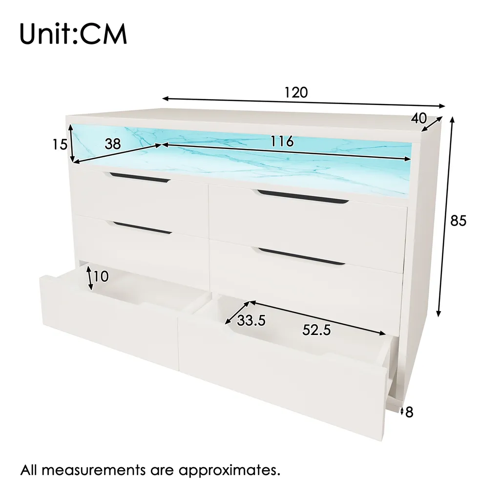 Commode Sideboard Flieks 6 Tiroirs et LED Blanc - Buffet 120x40x85cm