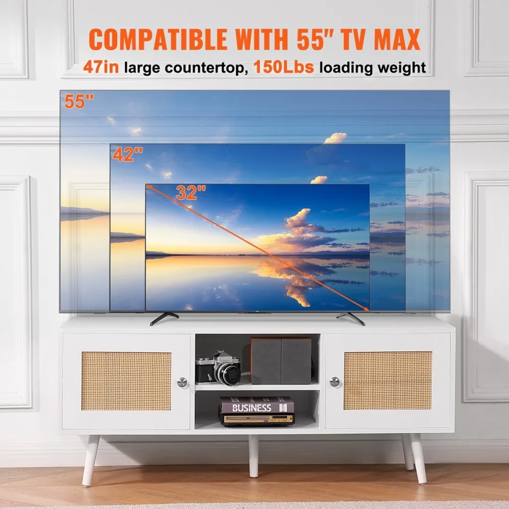 Console TV Rétro Blanche et Rotin - Buffet Bas Bohème avec Rangement 140cm
