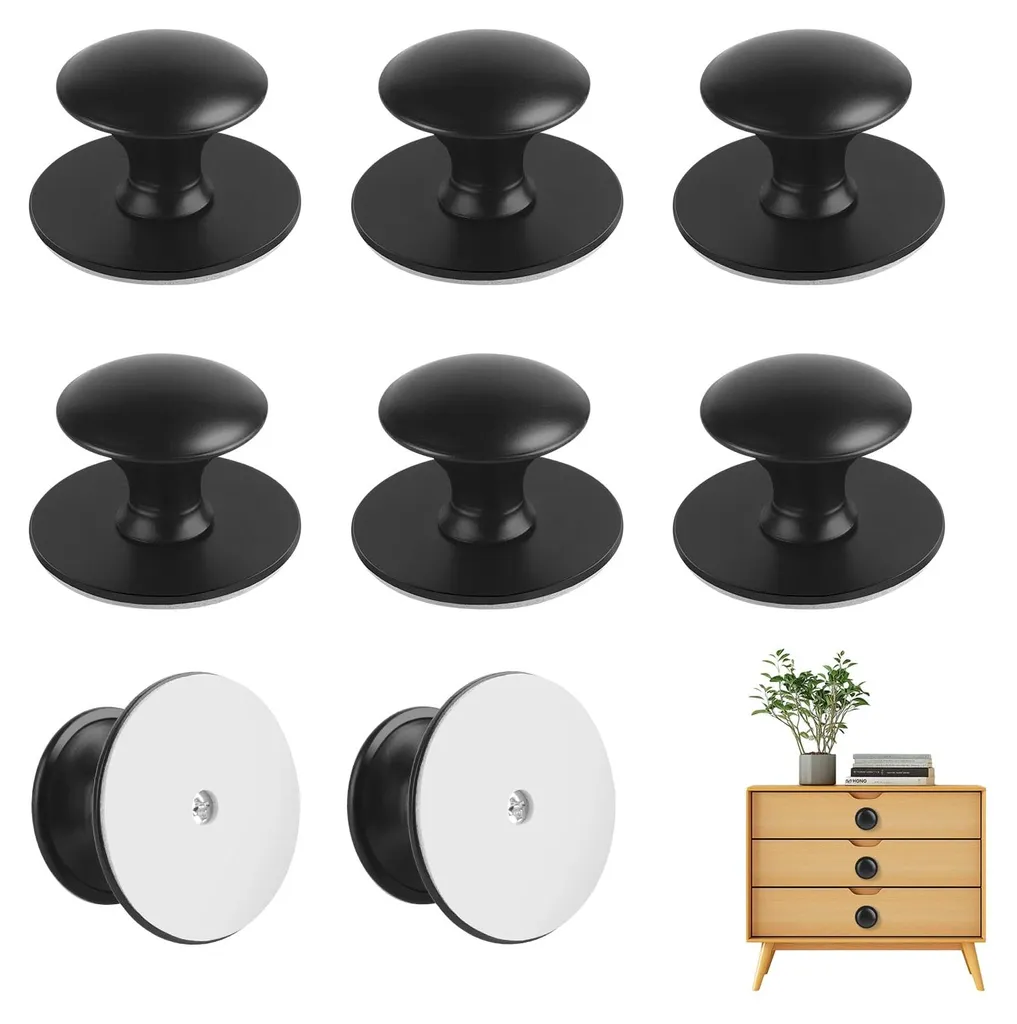 8 Poignées de Tiroir Autocollantes Noires en Acier Inox Ronde 30mm