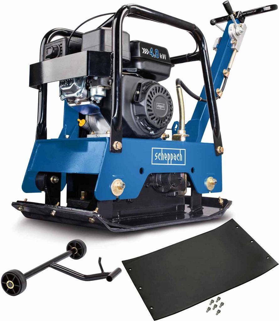 A blue and black vibratory plate compactor with accessories, including a rubber mat and a wheel kit, displayed on a white background.