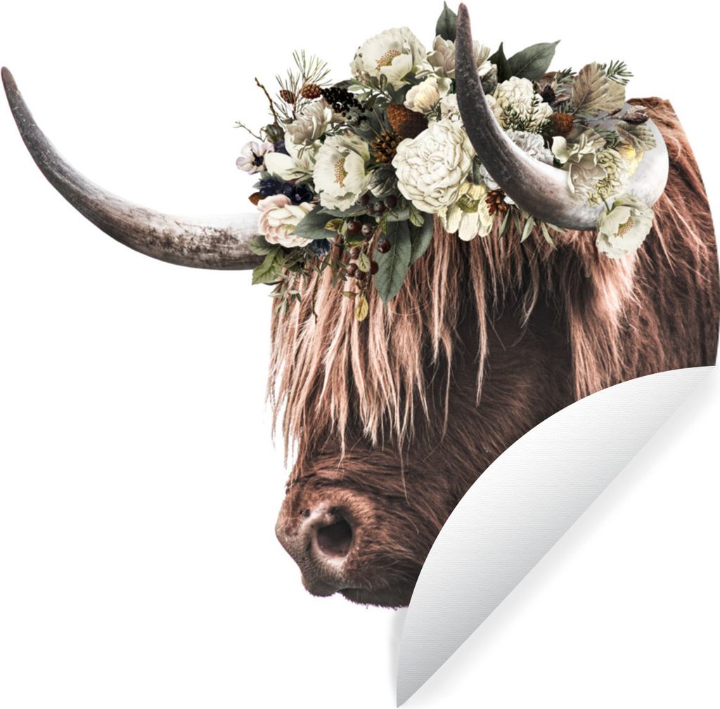 MuchoWow Runde Wandtattoo - Wandsticker Tapete Aufkleber Schottischer Highlander - Blätter - Hörner Ø 50 cm Selbstklebend und Repositionierbar...