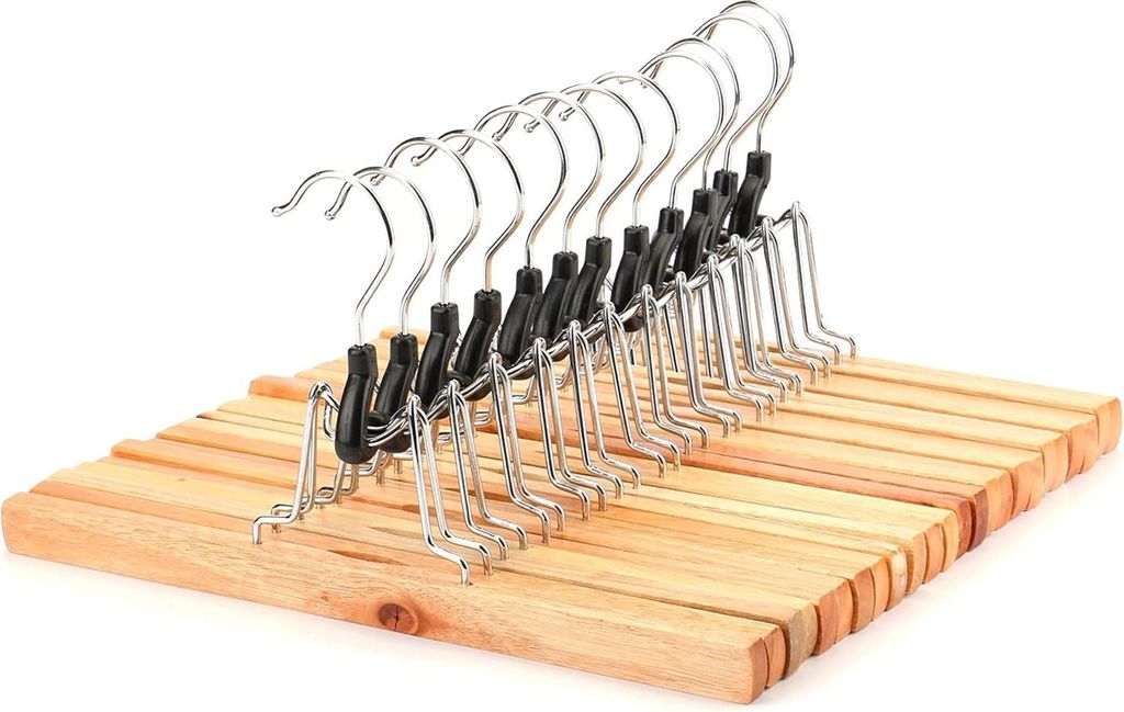12 Stück Hosenspanner Kleiderbügel aus Holz, Rockbügel Hosenhalter Hosenbügel rutschfest, verchromter Haken, um 360 Grad drehbar, 30cm