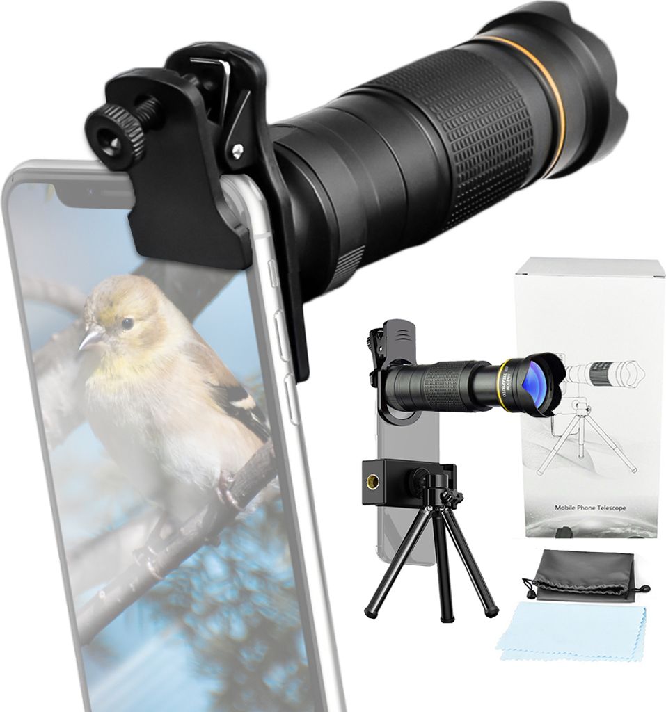 36-faches Telefon-Teleobjektiv-Set mit Mini-Stativ, Telefonclip, Telefonhalter, Objektivtasche, Reinigungstuch zum Wandern, Camping, Tierbeobachtun...