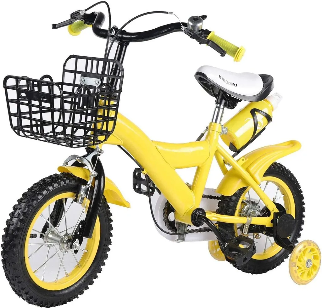 Vélo d'enfant 12 pouces jaune avec roues de support et panier de vélo