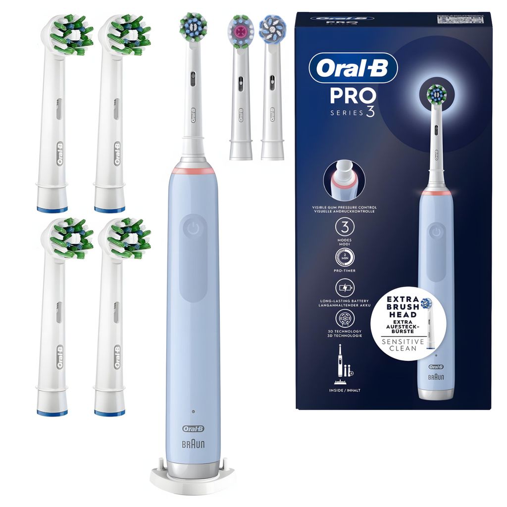 Elektrische Zahnbürste Oral-B Pro 3 3770 – Blau – 7 Aufsteckbürsten – Timer – 3 Modi