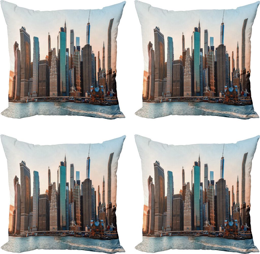 ABAKUHAUS NYC Kissenbezug Set (4 Stück), Manhattan New York Skyline Abenddämmerung, Moderner Doppelseitiger Digitaldruck, 40 cm x 40 cm, Mehrfarbig
