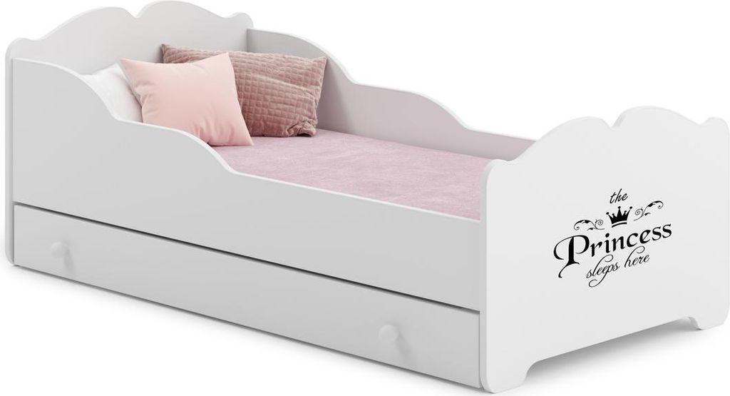 Kinderbett ANNA 140x70 mit Schublade – Prinzessin Design, Weiß, inklusive Matratze und Montageanleitung, ideal für Mädchenzimmer