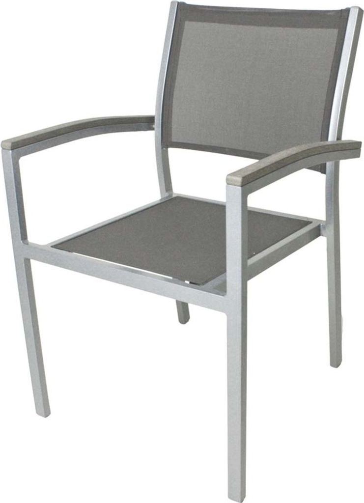 A single outdoor chair with a metal frame and mesh seat and back.