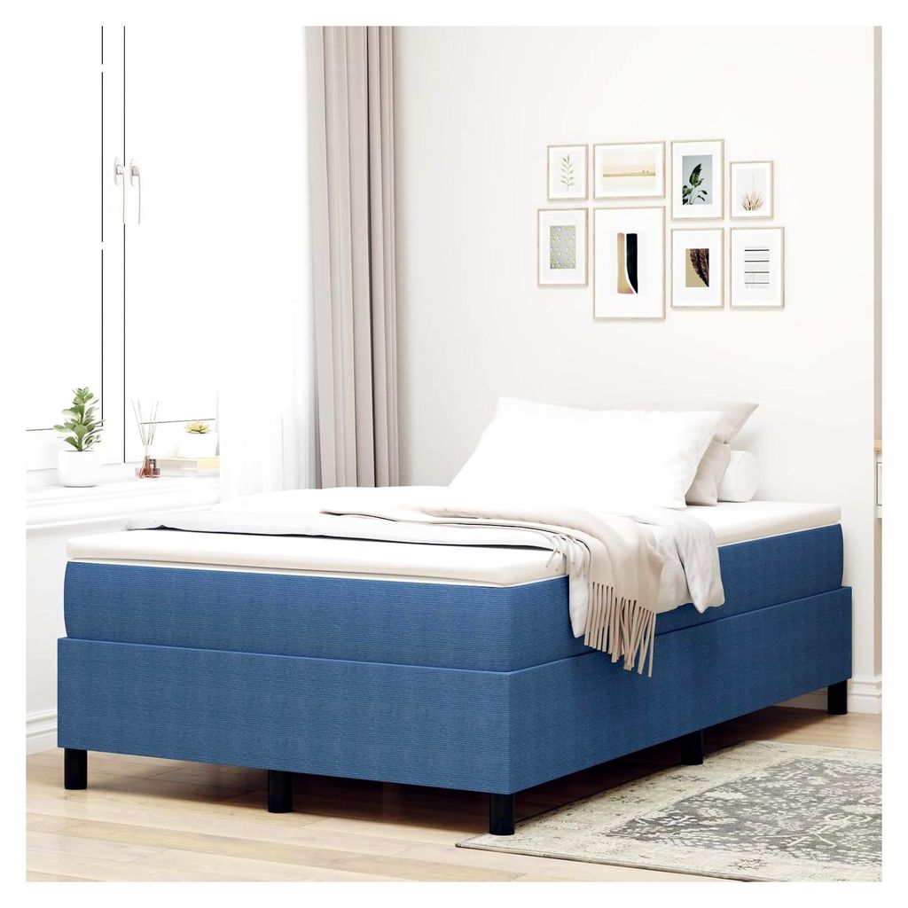 Boxspringbett blau, kleines Doppelbett aus Cordstoff