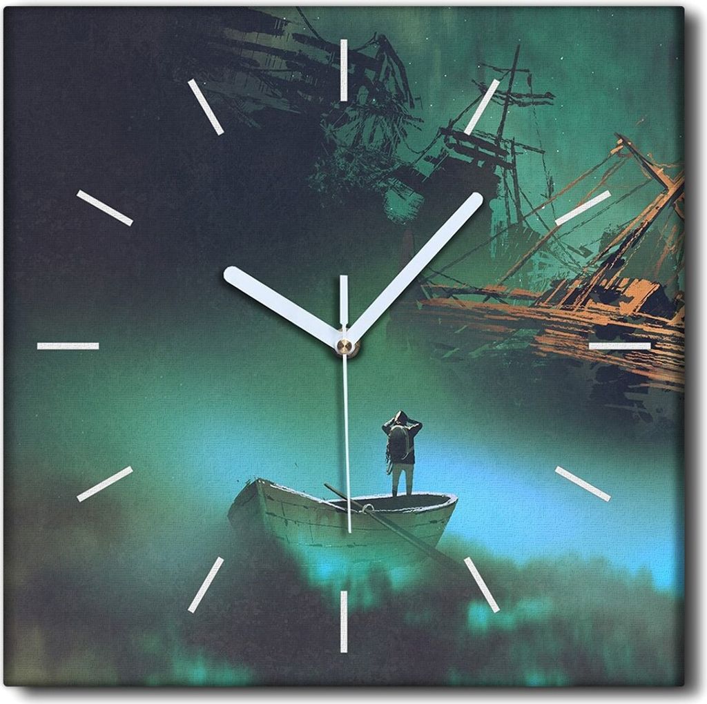 Coloray Uhr auf Leinwand 30x30 cm Wand Uhr Dekoration Wohnzimmer Segeltuch weiße Zeiger -Schiffskosmos-Wolken
