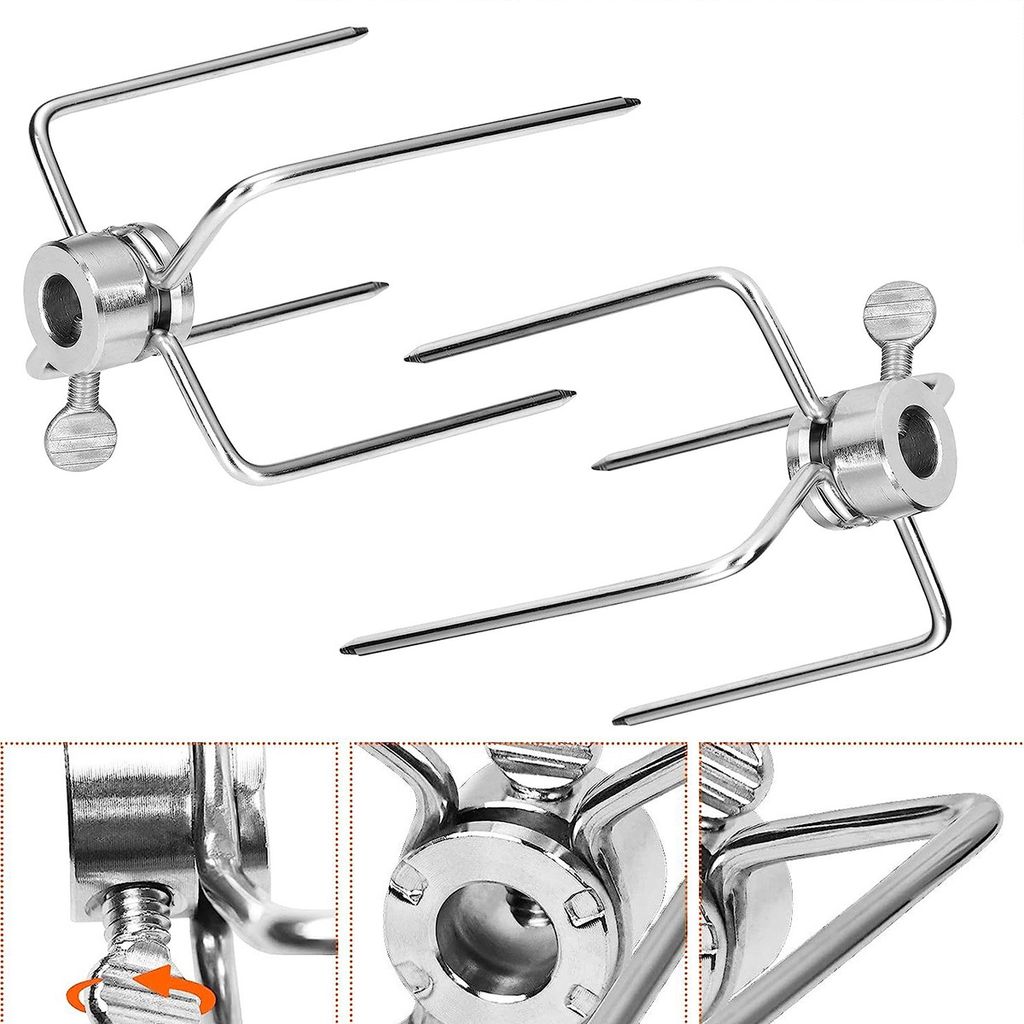 2 Stück BBQ Fleischklammer für Drehspieß Edelstahl Fleischnadeln für Grillspieß Hähnchengrill Grillgabel Multifunktionale Klammern
