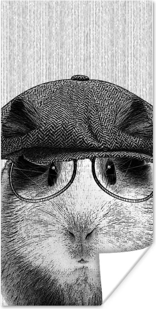 MuchoWow Poster Meerschweinchen - Baskenmütze - Brille - Hipster 20x40 cm - Plakat - Foto