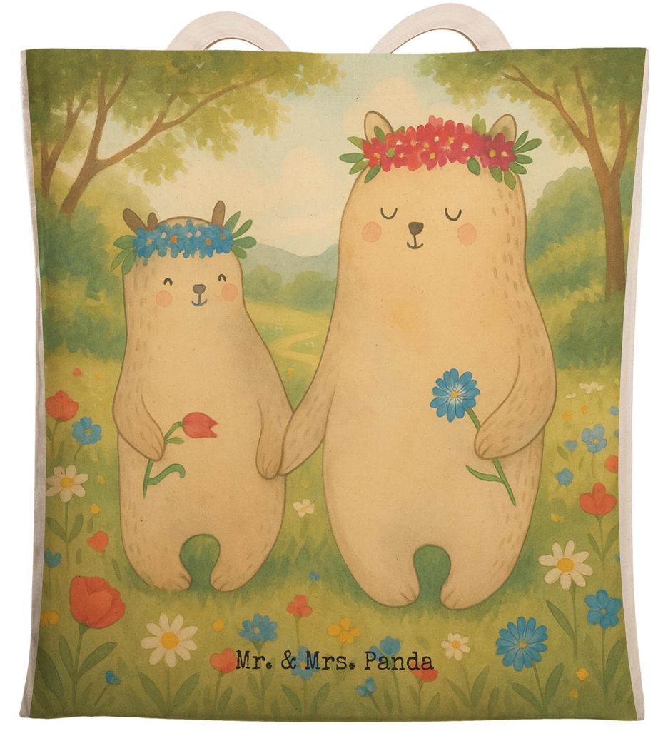 Mr. & Mrs. Panda Stofftragetasche Bären mit Blumenkranz Design - Weiß - Geschenk, Lieblingsmensch, Familie, Tasche, shopping bag, Mutter, Einkauf...