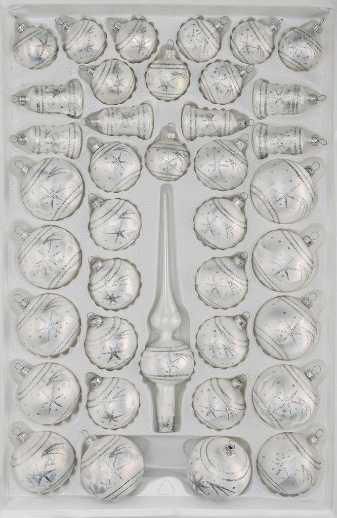 39 tlg. Glas-Weihnachtskugeln Set in Ice Weiss Silber Komet Produktbild 
