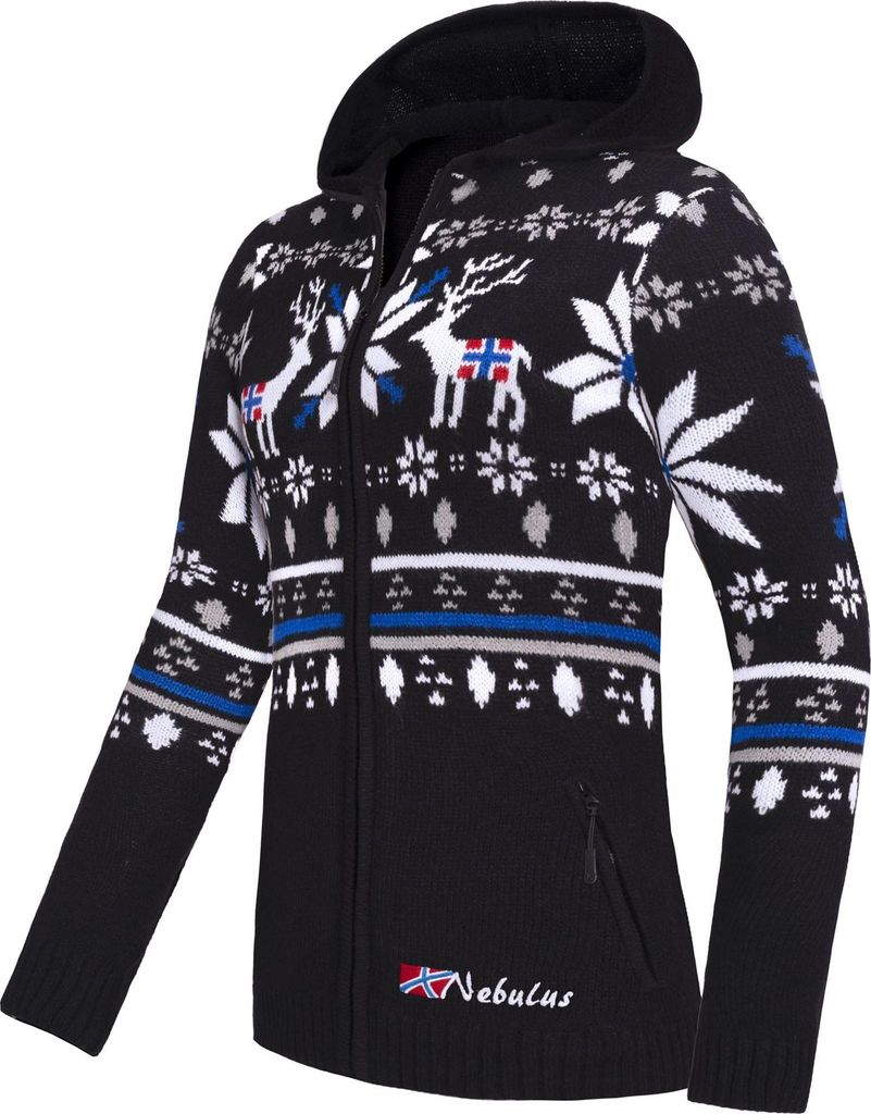 Nebulus Norweger Jacke Hoody NORMAX Damen, mit Kapuze, schicker Pullover im Norweger-Style, P6396 - Damen, schwarz, S/36