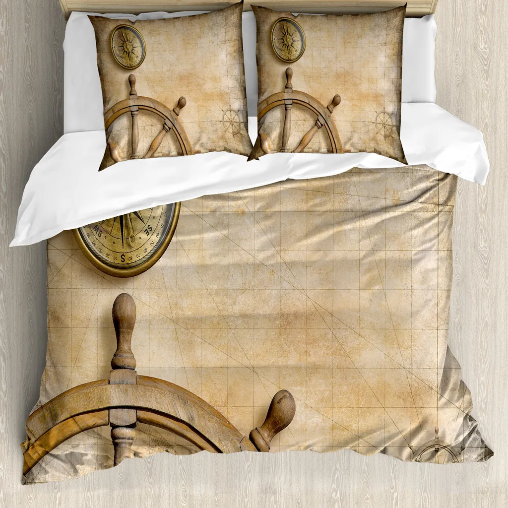 ABAKUHAUS Copripiumino nautico, ruota di legno Compass, antiacaro, adatto a chi soffre di allergie, con federe, 200 cm x 200 cm - 80 x 80 cm, beige