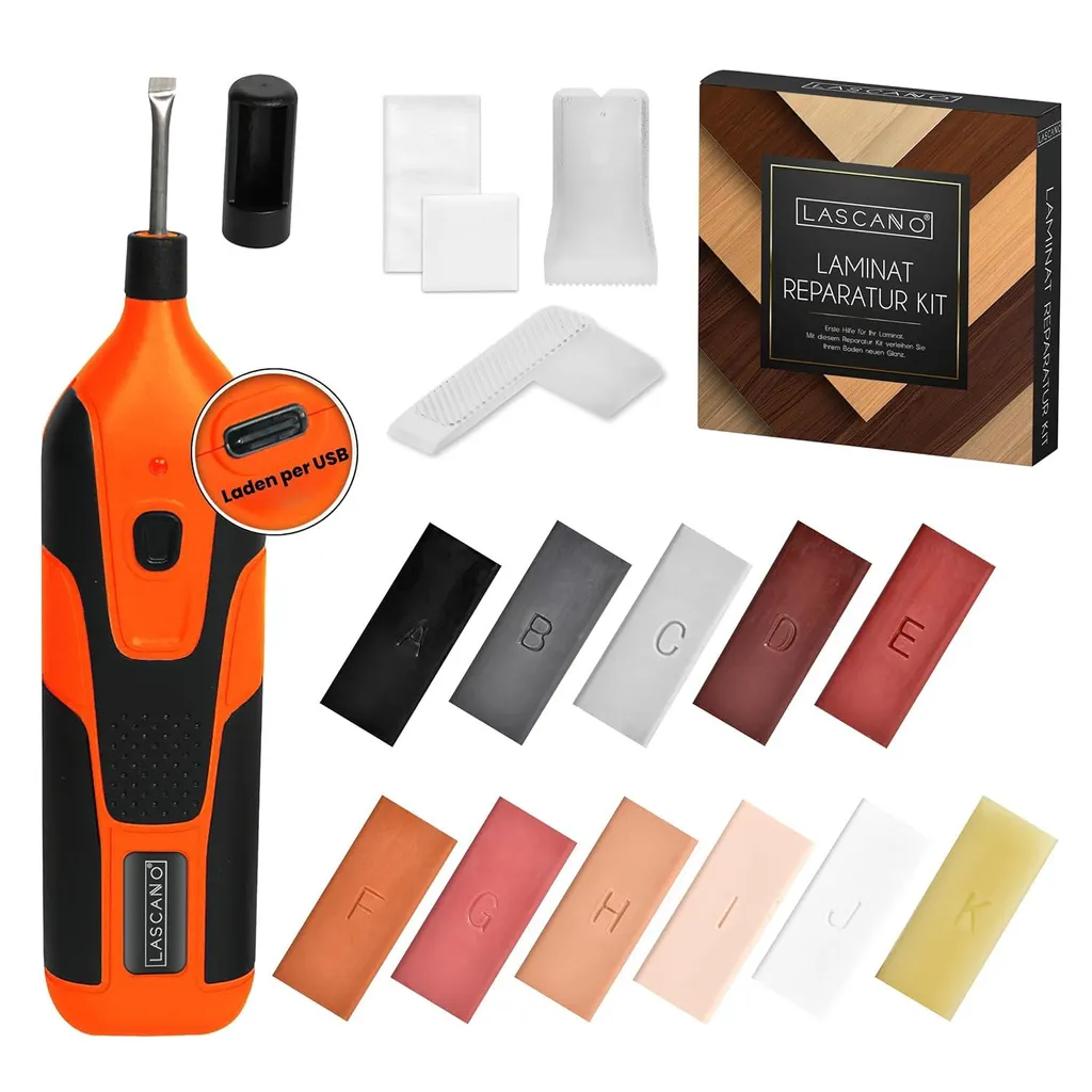 Kit di riparazione Lascano per pavimenti in laminato, parquet, legno, vinile e piastrelle, compreso il fonditore di cera con connessione USB