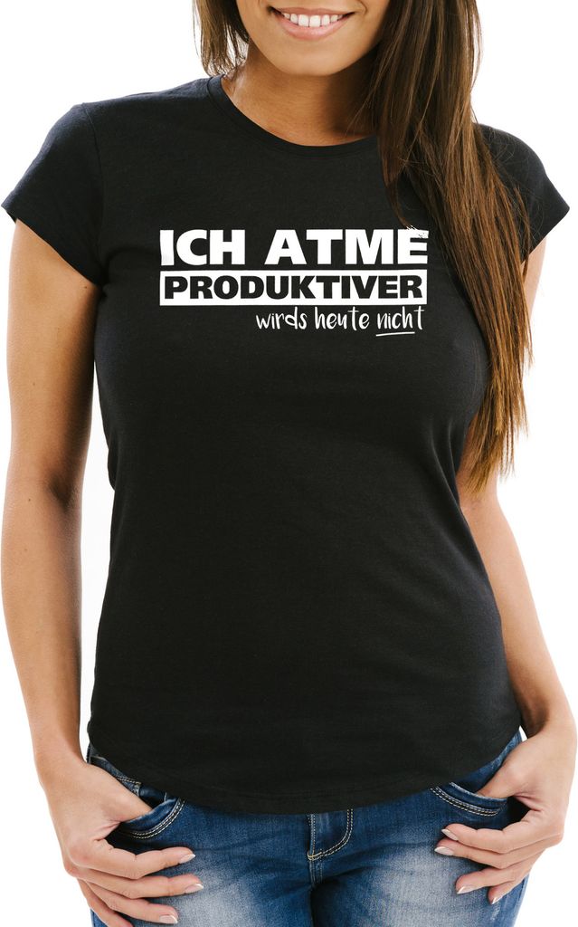 Damen T-Shirt Ich atme produktiver wird`s heute nicht Spruch Slim Fit Moonworks schwarz XS