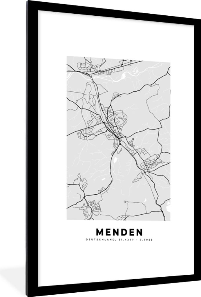 MuchoWow Gerahmtes Poster Karte - Deutschland - Menden - Stadtplan 60x90 cm - Poster mit Schwarzem Bilderrahmen Wandposter Rahmen Foto Bilder - D...