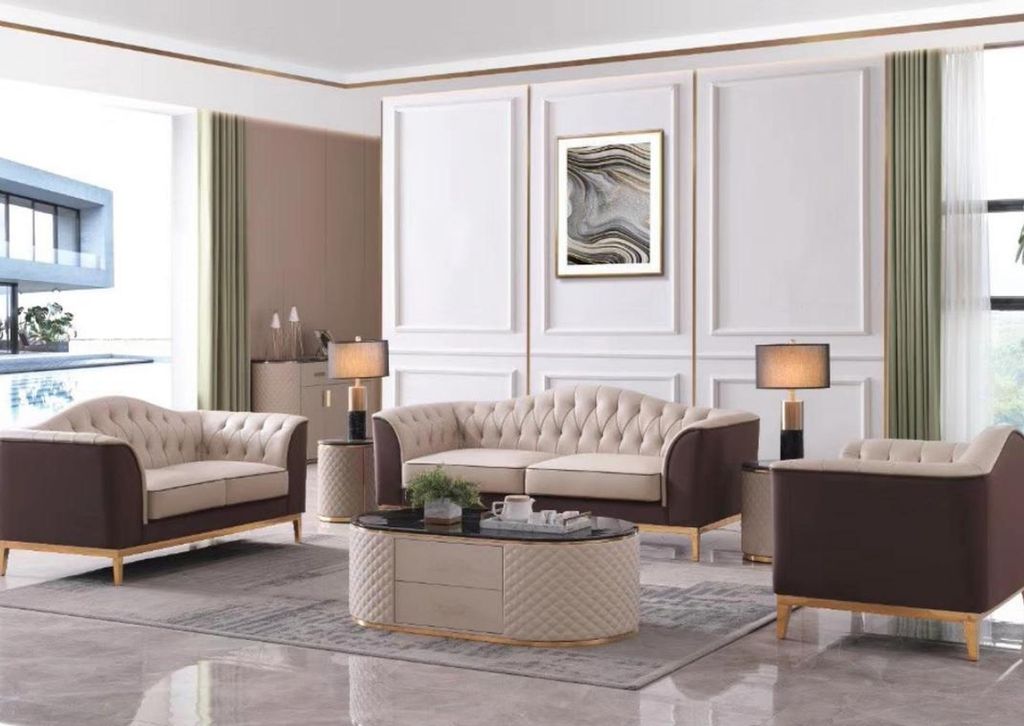 Luxus Möbel Sofagarnitur Couch Sofa Polster 3+2+1 Sitzer + Couchtisch Holz 4tlg