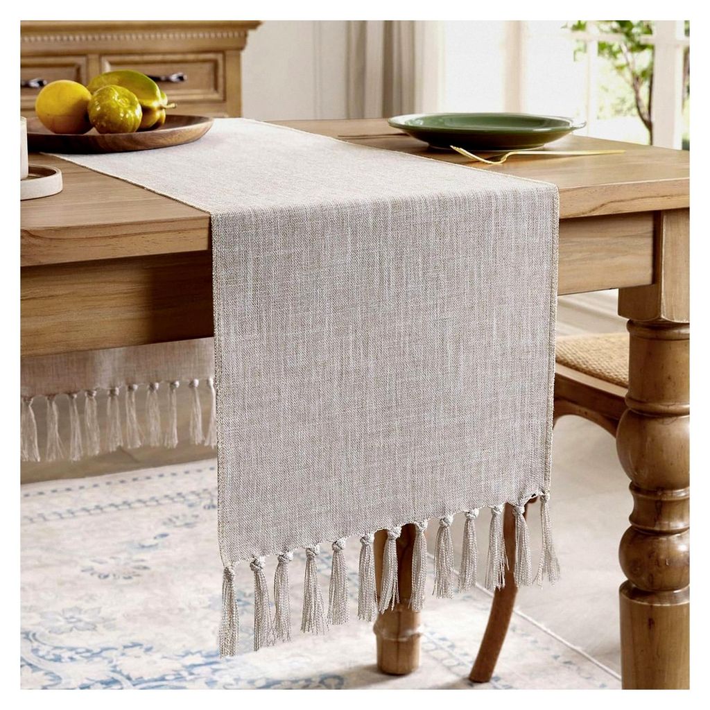 Leichter Tischläufer im Landhausstil mit Quasten, 33 x 150 cm, Leinenoptik, waschbar, Boho Tischläufer für Küche, Esszimmer und Hochzeitsdekora...