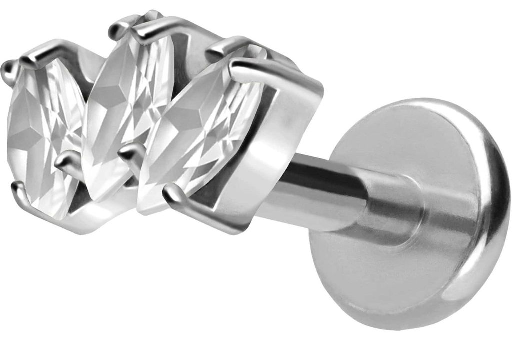 Ohrpiercing, Nasenpiercing Titan Labret mit Push Fit 3 KRISTALLTROPFEN Silber Stablänge: 7mm | Stabstärke: 1,2mm