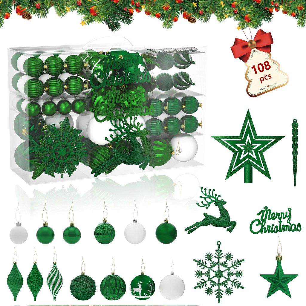 XMTECH 108er Weihnachtskugeln Set – Dunkelgrün & Weiß – Premium Kunststoff Christbaumschmuck, Bruchsicher & Wiederverwendbar, Verschiedene Fo...