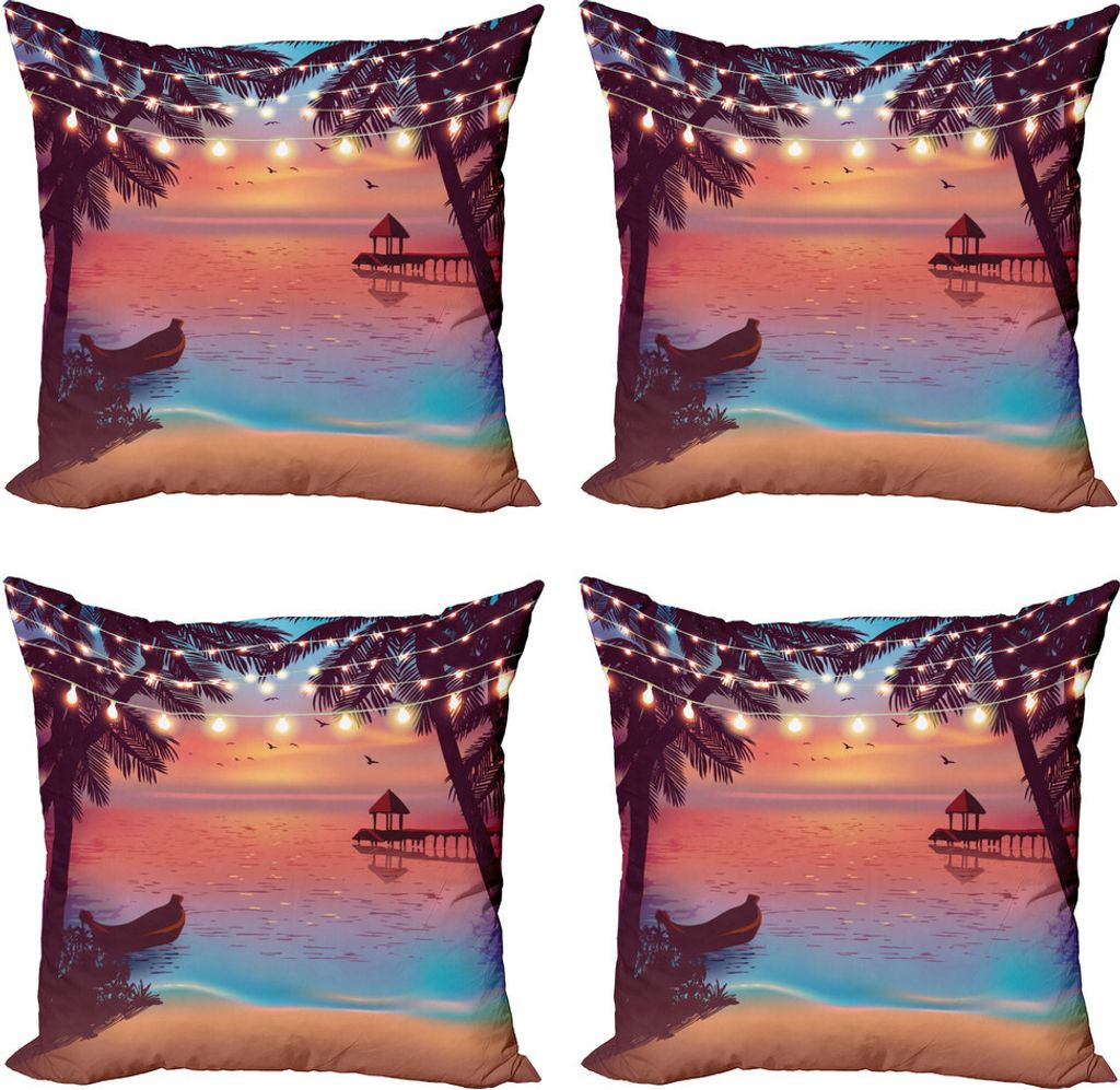 ABAKUHAUS Insel-Party Kissenbezug Set (4 Stück), Mystic Evening Strand, Moderner Doppelseitiger Digitaldruck, 45 cm x 45 cm, Dark Purple Pink Blau