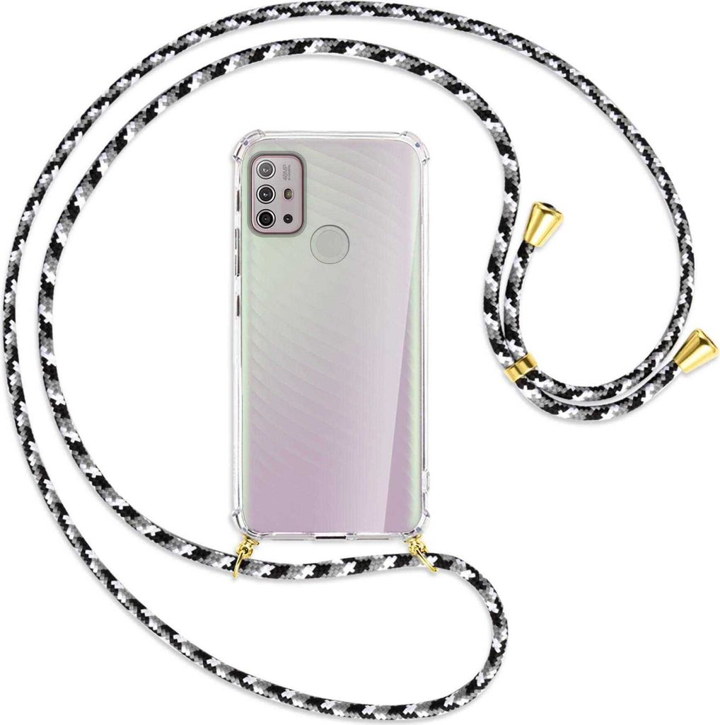 Handykette Backcover-Schutzhülle mit Band (Metall goldfarben) für Motorola Moto G10 (Power), G20, G30 - schwarz/grau/weiß