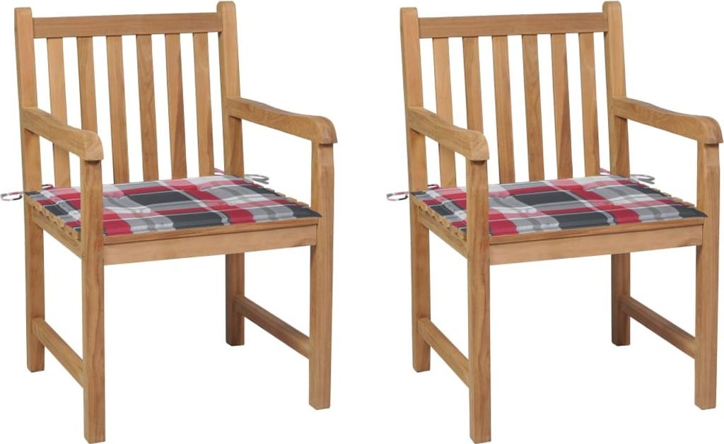 Gartenstühle 2 Stk. Rote Karomuster-Kissen Massivholz Teak