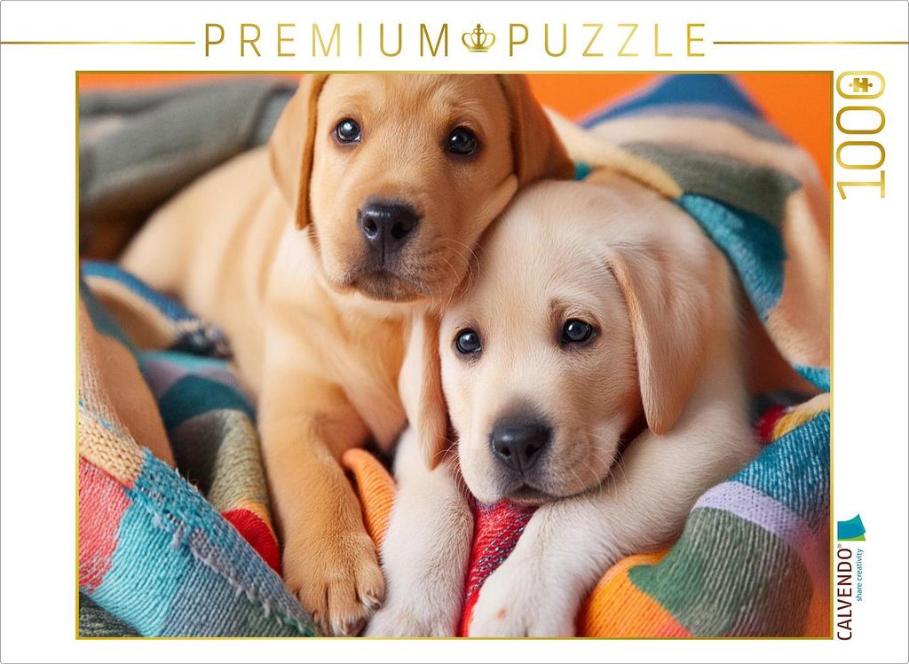 CALVENDO Puzzle Eingekuschelt in eine bunte Decke liegen zwei Labrador Retriever Welpen nebeneinander | 1000 Teile Lege-Größe 64x48cm Foto-Puzzle...