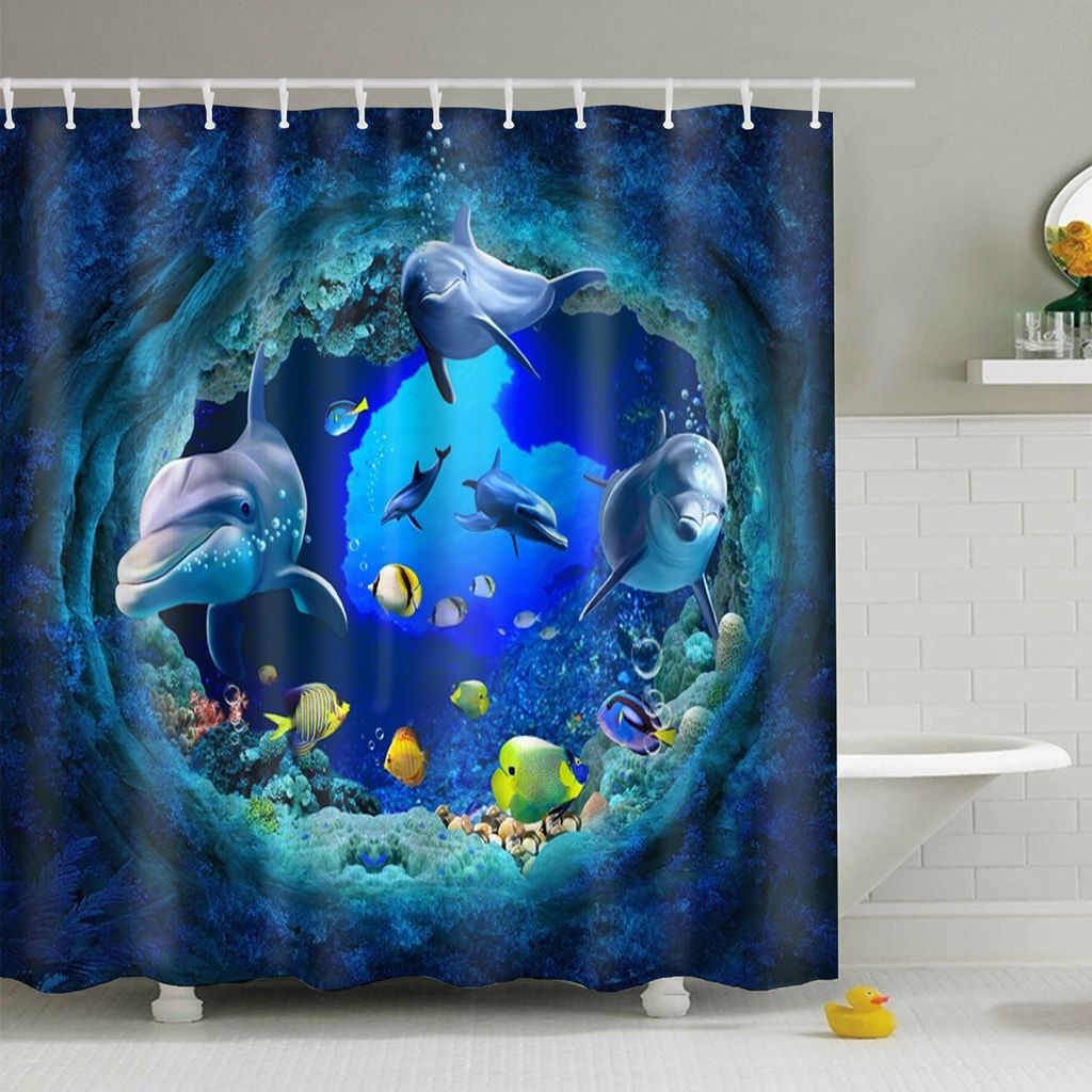 Meer Unterwasserwelt Textil Duschvorhang Set Badewannenvorhang Haken Badezimmer