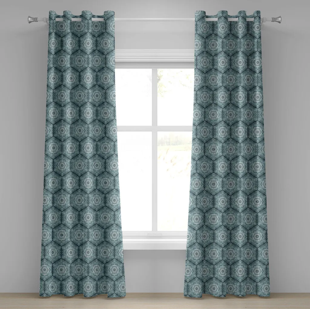 Rideau de salon moderne pour grande fenêtre bleu et hexagones abstraits