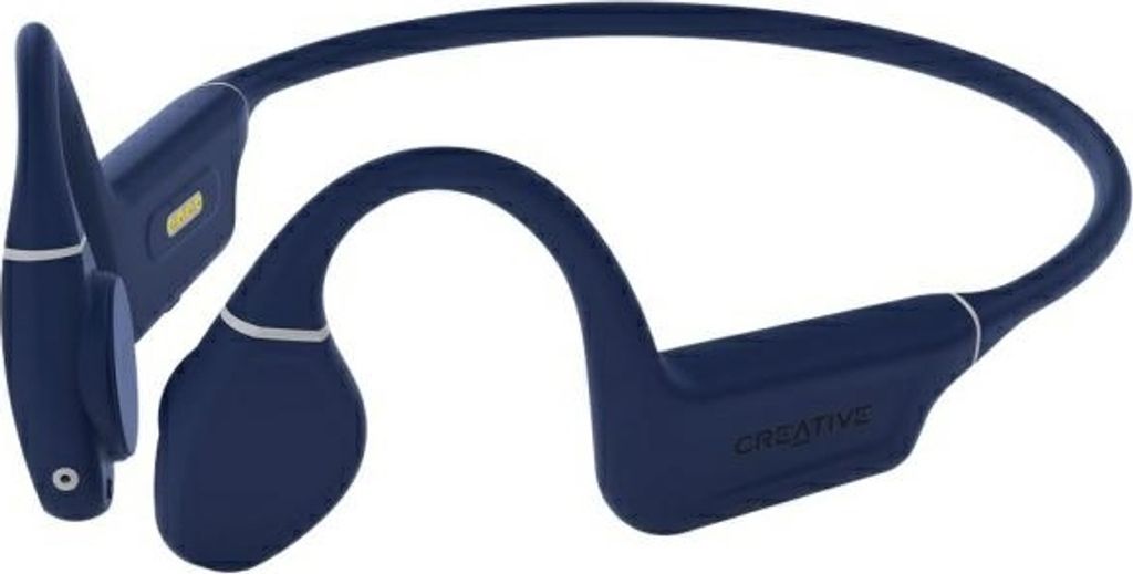 A pair of dark blue bone conduction headphones is shown against a white background.